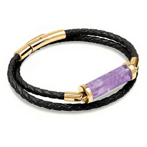 Lavender Amethyst CC Double Strap Leather Bracelet (Jet Black-Gold)