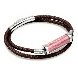 Rhodochrosite CC Double Strap Leather Bracelet (Walnut Brown-Silver)