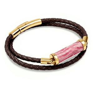 Rhodochrosite CC Double Strap Leather Bracelet (Walnut Brown-Gold)