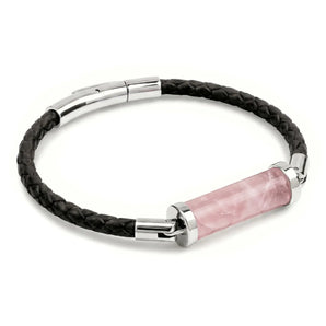 Rose Quartz CC Leather Bracelet (Jet Black-Silver)