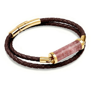 Strawberry Quartz CC Double Strap Leather Bracelet (Walnut Brown-Gold)