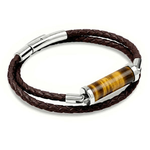 Golden Tiger's Eye CC Double Strap Leather Bracelet (Walnut Brown-Silver)