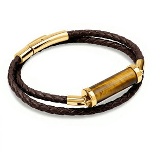Golden Tiger's Eye CC Double Strap Leather Bracelet (Walnut Brown-Gold)