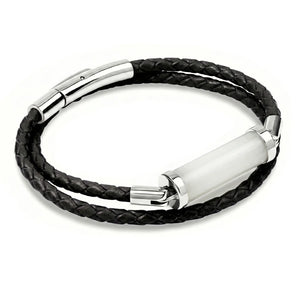 White Jade CC Double Strap Leather Bracelet (Jet Black-Silver)