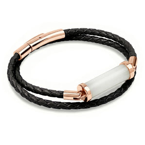 White Jade CC Double Strap Leather Bracelet (Jet Black-Rose Gold)