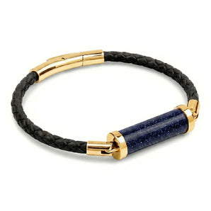 Blue Sandstone CC Leather Bracelet (Jet Black-Gold)