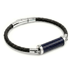 Blue Sandstone CC Leather Bracelet (Jet Black-Silver)