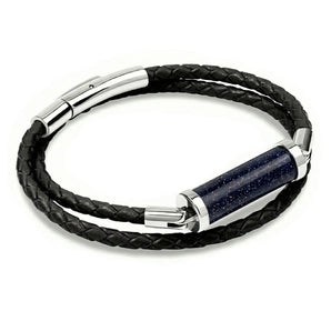 Blue Sandstone CC Double Strap Leather Bracelet (Jet Black-Silver)