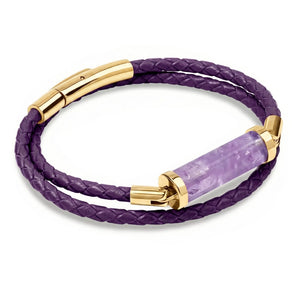 Lavender Amethyst CC Double Strap Leather Bracelet (Violet-Gold)