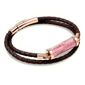 Rhodochrosite CC Double Strap Leather Bracelet (Walnut Brown-Rose Gold)