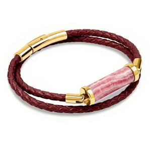 Rhodochrosite CC Double Strap Leather Bracelet (Ruby Red-Gold)