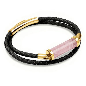 Rose Quartz CC Double Strap Leather Bracelet (Jet Black-Gold)