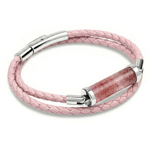 Strawberry Quartz CC Double Strap Leather Bracelet (Sakura Pink-Silver)