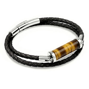 Golden Tiger's Eye CC Double Strap Leather Bracelet (Jet Black-Silver)