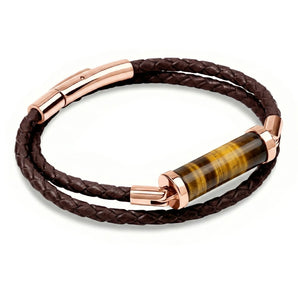 Golden Tiger's Eye CC Double Strap Leather Bracelet (Walnut Brown-Rose Gold)