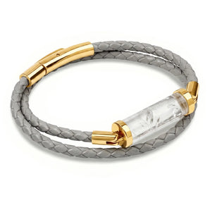 Clear Quartz CC Double Strap Leather Bracelet (Cloudy Grey-Gold)